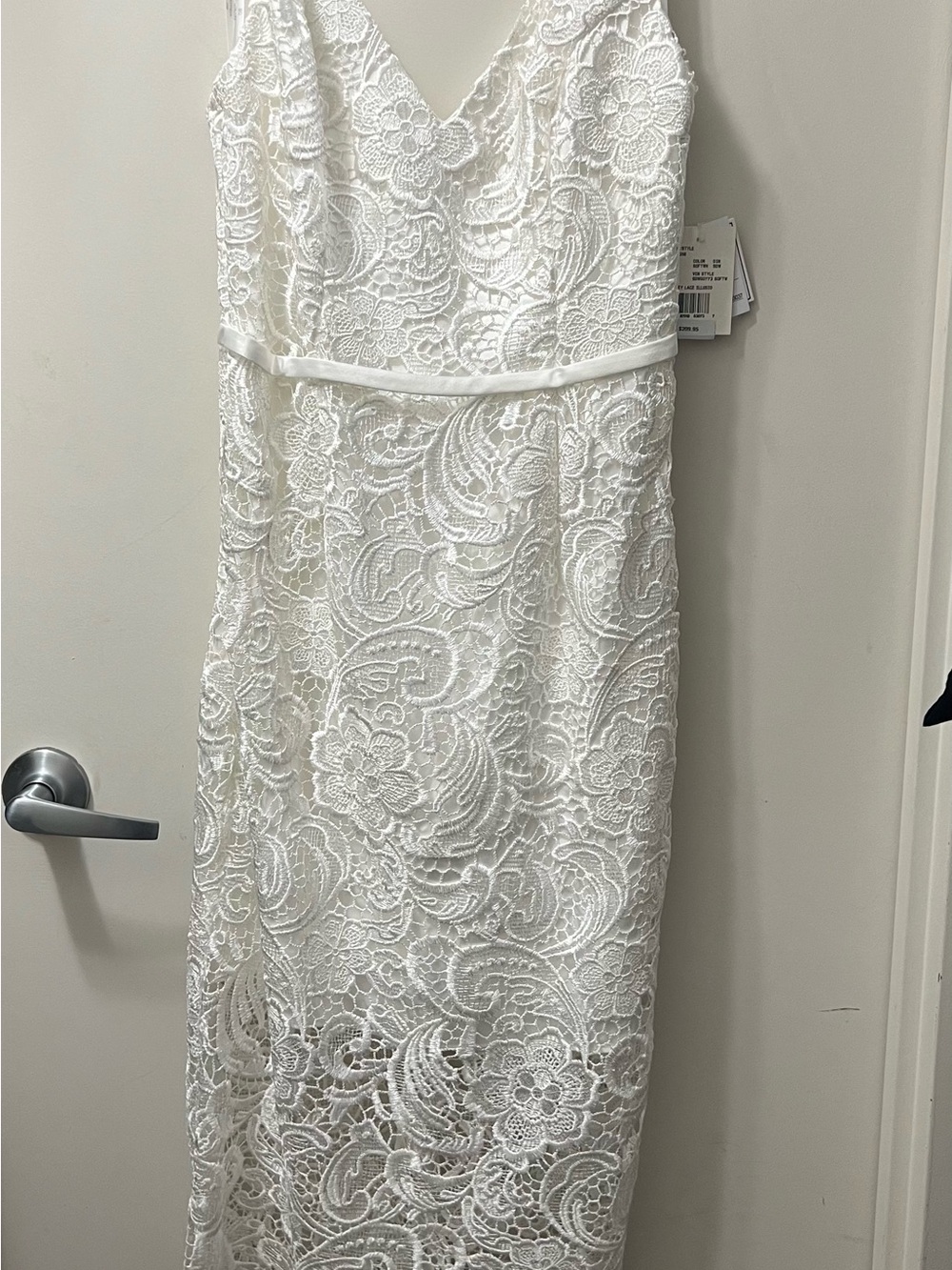 David's Bridal White Lace Midi Dress with V-Neck